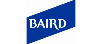 A blue and white logo for baird.