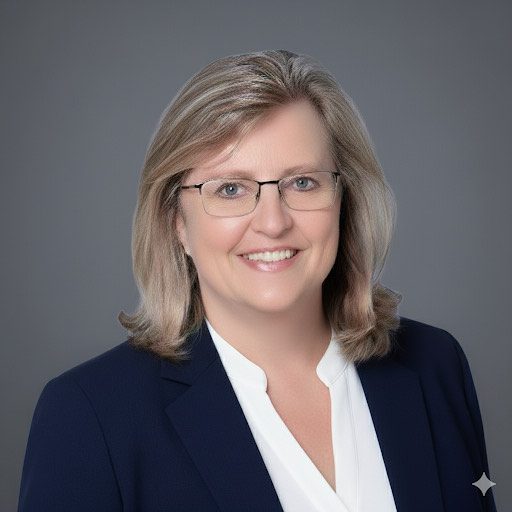 Smiling woman with glasses in business attire.